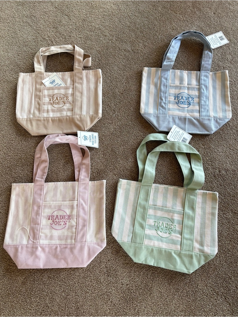 Trader Joe's Mini Tote Stripe Pastel Canvas Bags Set Of 4